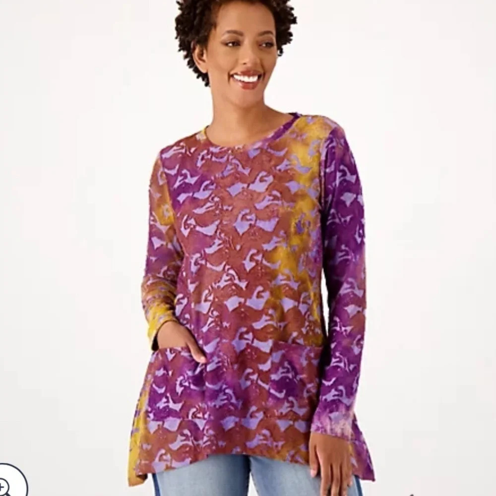 LOGO by Lori Goldstein Purple and Gold Printed Long Sleeve Tunic